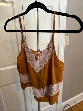 Free People Mustard Satin Cami with White Lace Trim